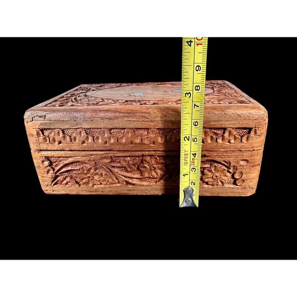 Vintage Wooden Hand Carved Brass Inlay India Sheesham Trinket Jewelry Hinged Box - Picture 8 of 9
